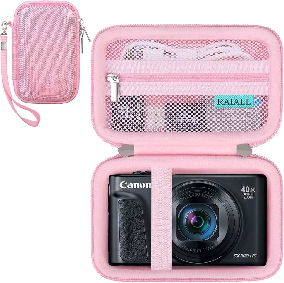 RAIALL Camera Case for Canon PowerShot SX740 HS/ SX730 HS/ SX720 HS/ SX620 HS Digital Camera, 4K Video Camera Hard Carrying Case Protective Travel Bag, Mesh Pocket for Batteries and USB Cable, Pink