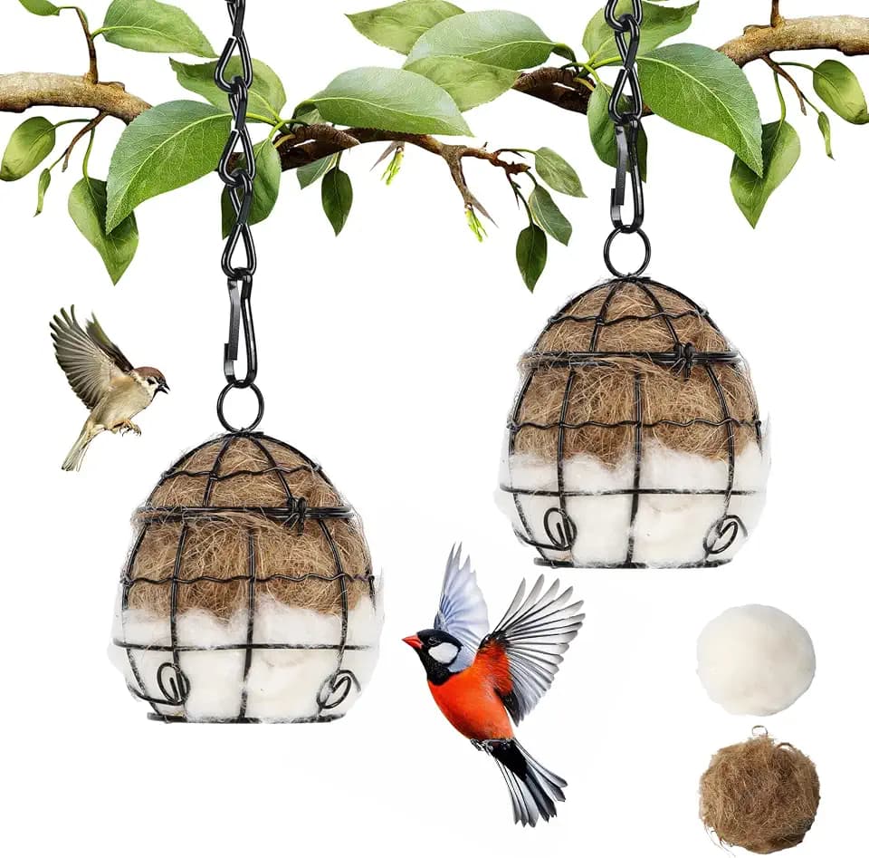 2Pcs Bird Nesting Material Holders with Natural Mixing Cotton Materia for Wild Birds Nesting Station, Refillable Hummingbird Nesting Material Cage Holder for Bird Lover Hummingbird House Material