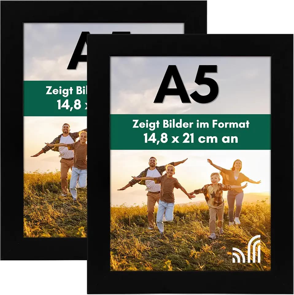 Americanflat Bilderrahmen A5 Schwarz - DIN A5 Bilderrahmen aus Verbundholz mit Bruchsicherem Glas - Horizontale und Vertikale Formate für die Wand und den Tisch - 2er Pack