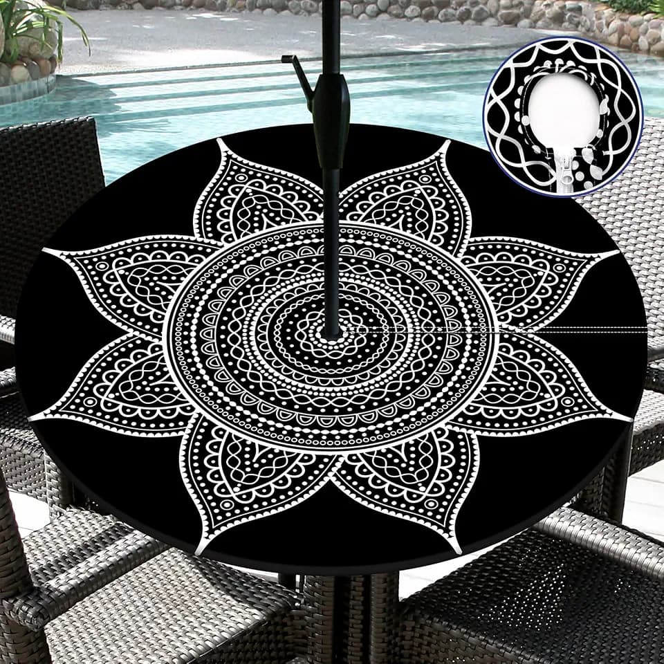 Outdoor Tablecloth with Umbrella Hole Waterproof Polyester Round Fitted Tablecloth with Elastic Zippered Table Cloth Round Cover for Picnic, Party (Black, 40''-44'')