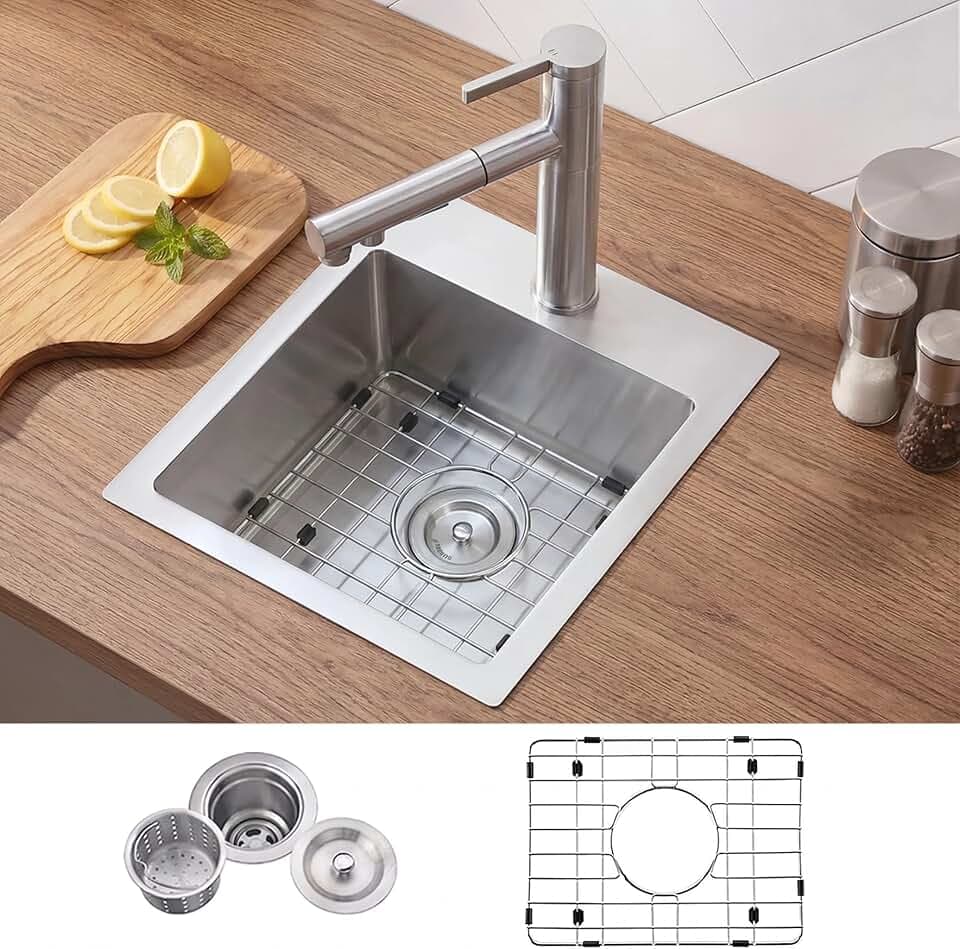 VCCUCINE 15x15 Inch Drop in Bar Sink, Topmount RV Small Kitchen Sink, Handmade Stainless Steel Wet Bar Sink, Outdoor Single Bowl, Brushed Nickel Prep Sink with Accessories