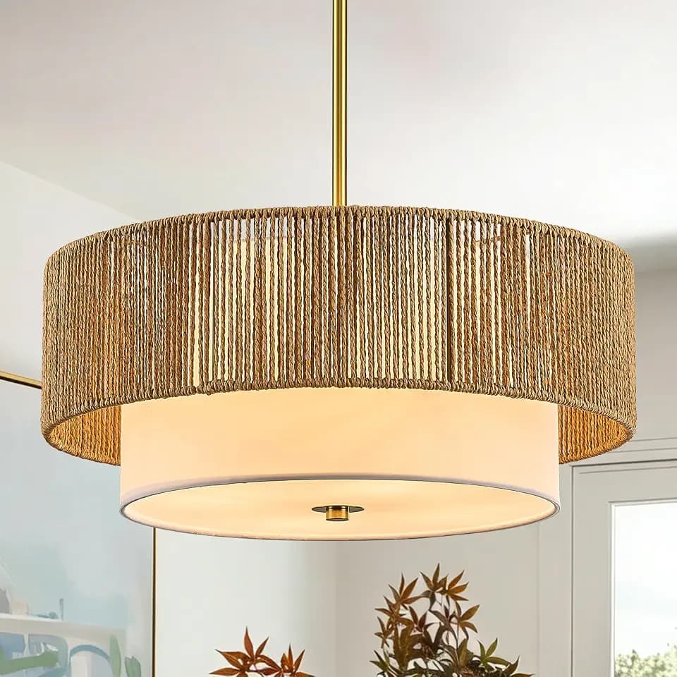 18" Rattan Chandelier for Dining Room 4-Light Large Boho Pendant Light