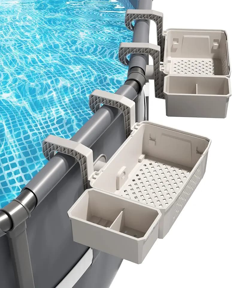 AquaJoyer 2 Sets of Poolside Storage Baskets with Cup Holders - Perfect for 3-Inch or Smaller Top Rails - Above Ground Pool Accessories - Fit for Most Above Ground Pool（Grey）