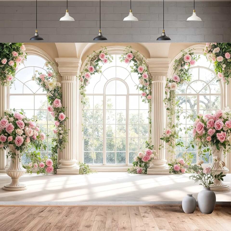 Wedding Backdrop Party Decorations, Pink Rose Floral Bridal Shower Flower Wall Decoration Window Scenery Wedding Backdrop, Bridal Shower Banner Engagement Party Photoshoot Photography Background