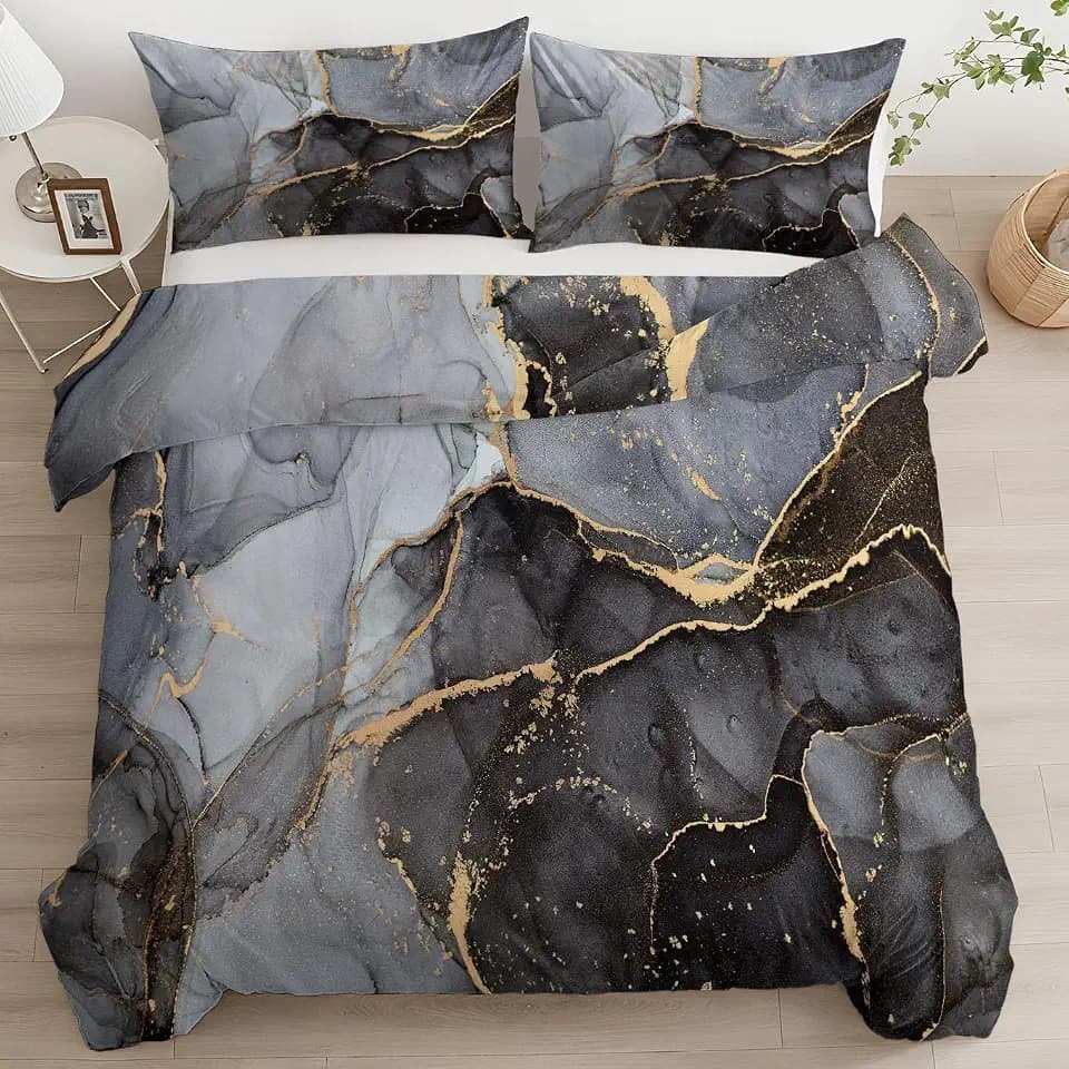 Marmor Bettwäsche 180x200 Schwarz Grau, 3 Teilig Bettbezug Microfaser Modern Marmoriert Bettwäsche-Sets Einzelbett Doppelbett Aesthetic Deckenbezug mit Reißverschluss Kissenbezug 80x80 cm