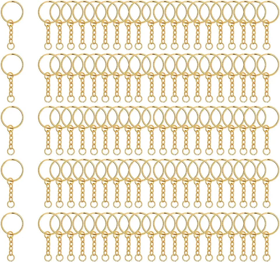 100 Stück 25mm Schlüsselring mit Kette Schlüsselanhänger mit Spaltringe für Schlüssel Handwerk DIY, Schmuckherstellung, Rostfreies Metall (Goldene)