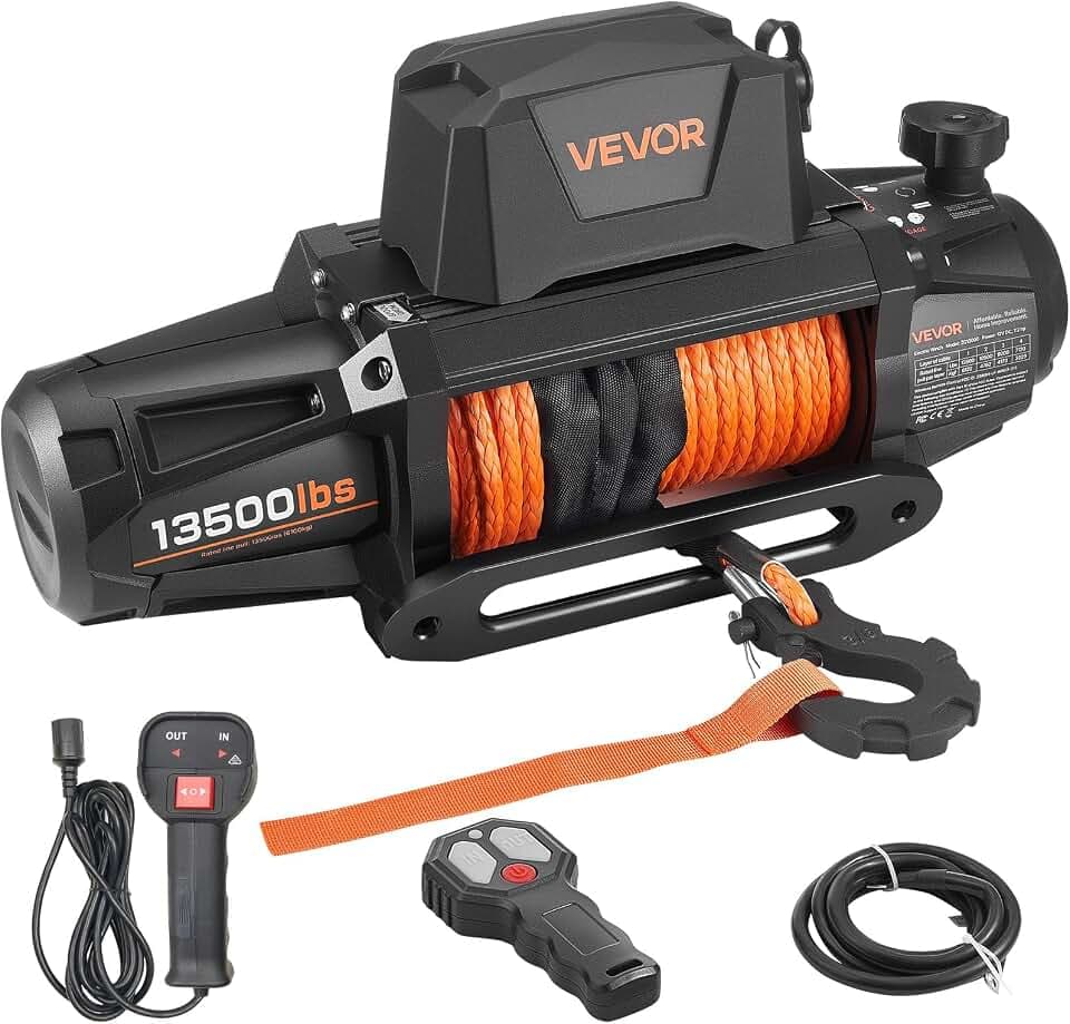 VEVOR Elektrische Seilwinde, 6100 kg, 12 V DC LKW-Winde mit Φ 9,5 mm x 28 m Synthetikseil, kabellose & kabelgebundene Fernbedienung, IP68 zum Abschleppen von Geländewagen, Jeeps, Anhängern & Booten