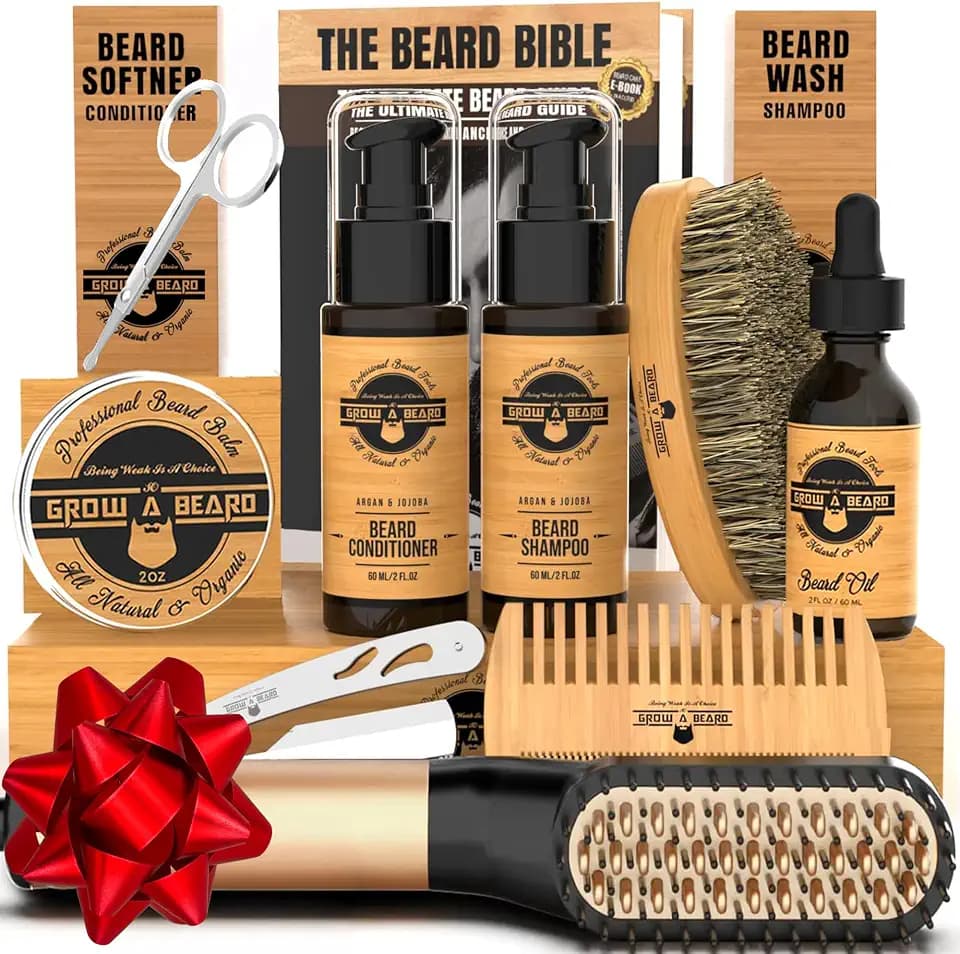 Beard Straightener Grooming Kit for Men, Beard Growth Kit, Wash, Brush & Comb, Unscented Growth Oil, All Natural Sandalwood Balm, Conditioner, Razor & Scissors, Great Gift Idea for Men's (Bamboo)