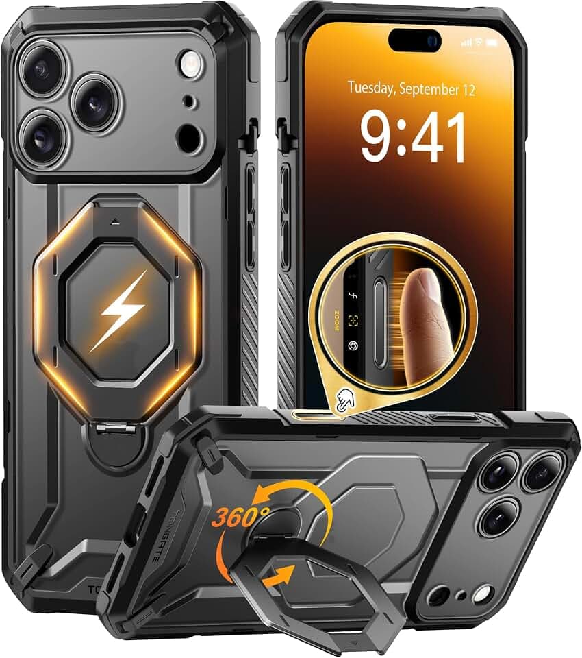Tongate für iPhone 17 Pro Max Hülle mit 360° Drehbarem Magnetständer, [Kompatibel mit MagSafe] [Fallschutz nach Militärstandard] Integrierter Ringhalter & Displayschutz für iPhone 17 Pro Max, Schwarz