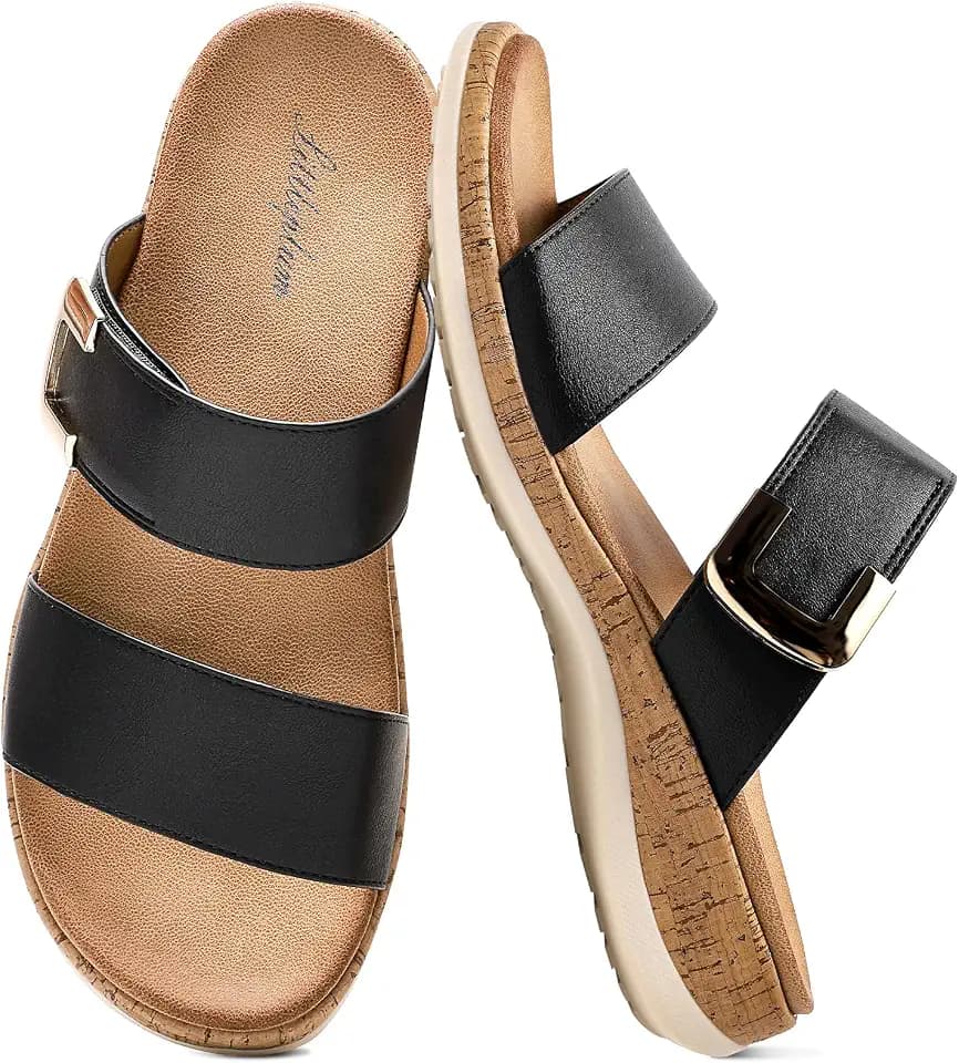 Littleplum Women Slides Sandals Arch Support Open Toe Slip on Sandals Soft Cushion Slippers Comfy Casual Summer Shoes for Walking Beach Travel Black Size 8.5