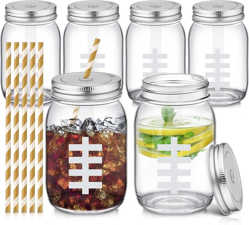 Maxcheck 6 Pcs Football Fan Glass Mason Jar with Straw and Lid 16 oz Glass Cups Stemless Football Coffee Mug Football Gifts for Men Women Playoffs Party Beverages Drinking Food Storage Supplies