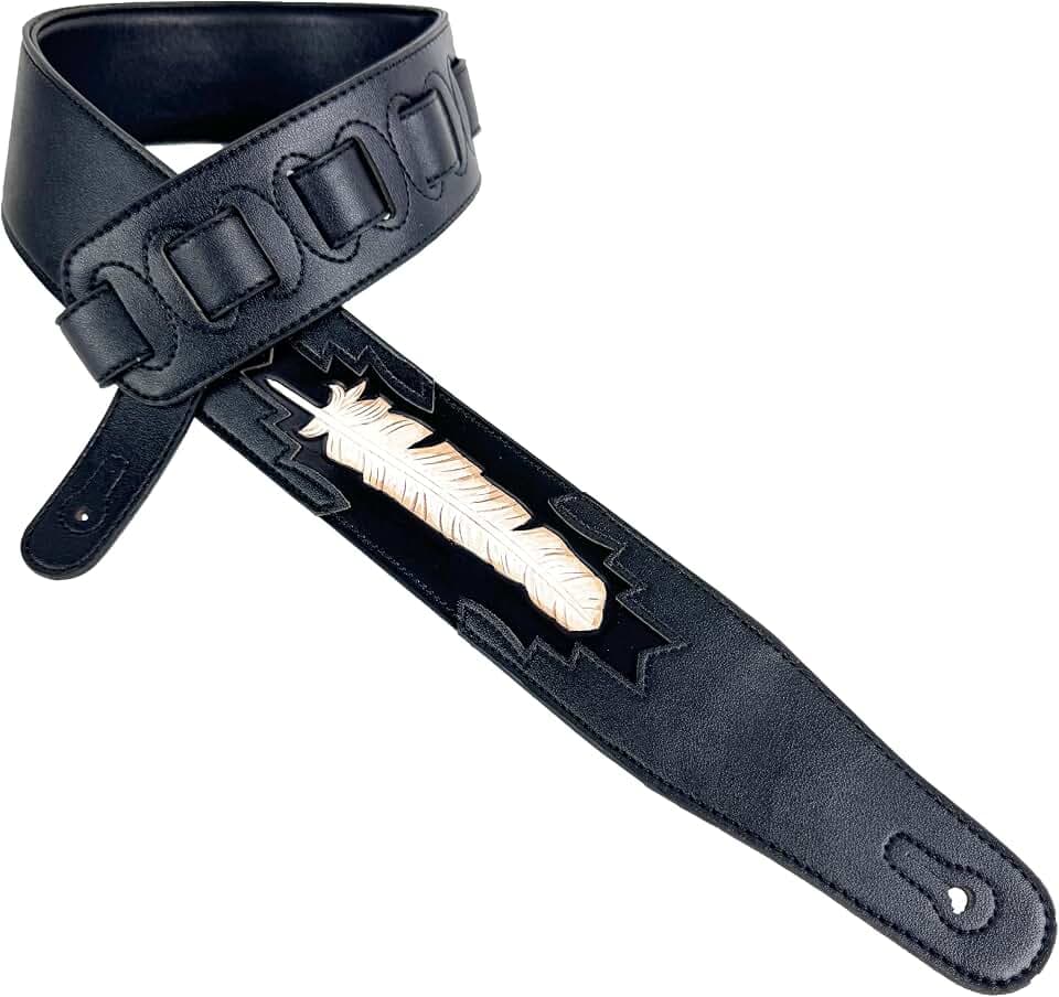 Walker & Williams CVG-115 Black Leather Padded Guitar Strap Hand Tooled Feather For Acoustic, Electric, And Bass Guitars