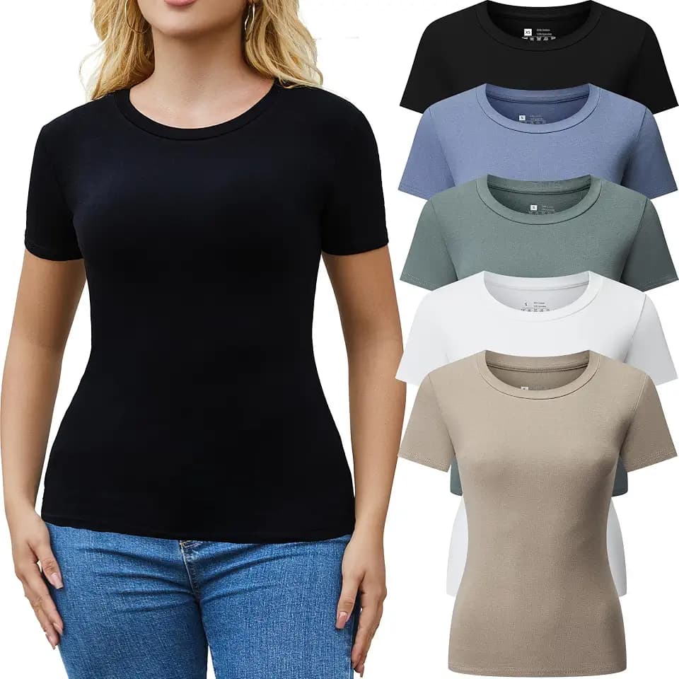 Womens Fitted T Shirts 5 Pack Stretchy Crew Neck Short Sleeve Tops