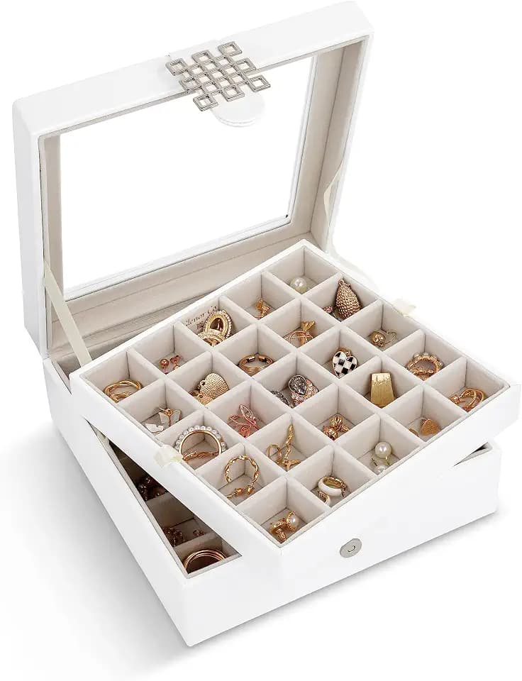 Glenor Co Earring Organizer - Classic 50 Section Jewelry Box/Case/Holder for Earrings, Rings, Necklaces, Jewelry, Cufflinks or Collections -2 Layer Small Compartments with Large Glass Top - White