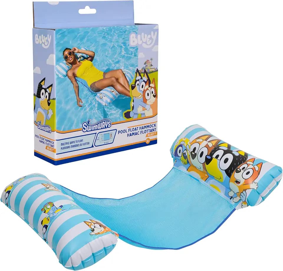 SwimWays Swim Hammock Pool Float, Floatie for Kids & Adults, Personal Flotation Device for Swimming Pools, Bluey Outdoor Toys for Ages 15 and Up