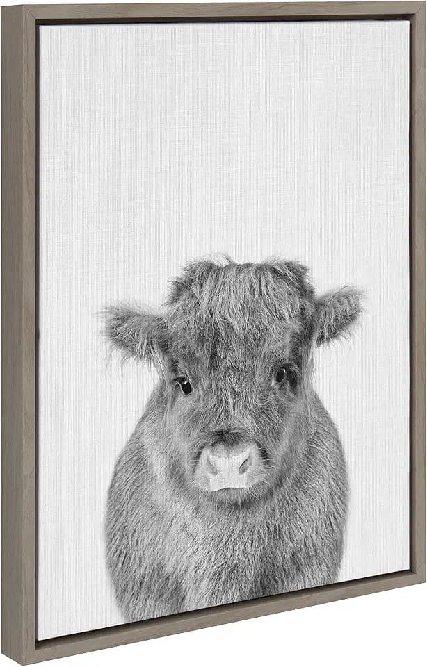 Kate and Laurel Sylvie Calf 4 Framed Canvas Wall Art by Simon Te of Tai Prints; 18x24 Gray; Modern Black and White Cow Portrait Art for Wall