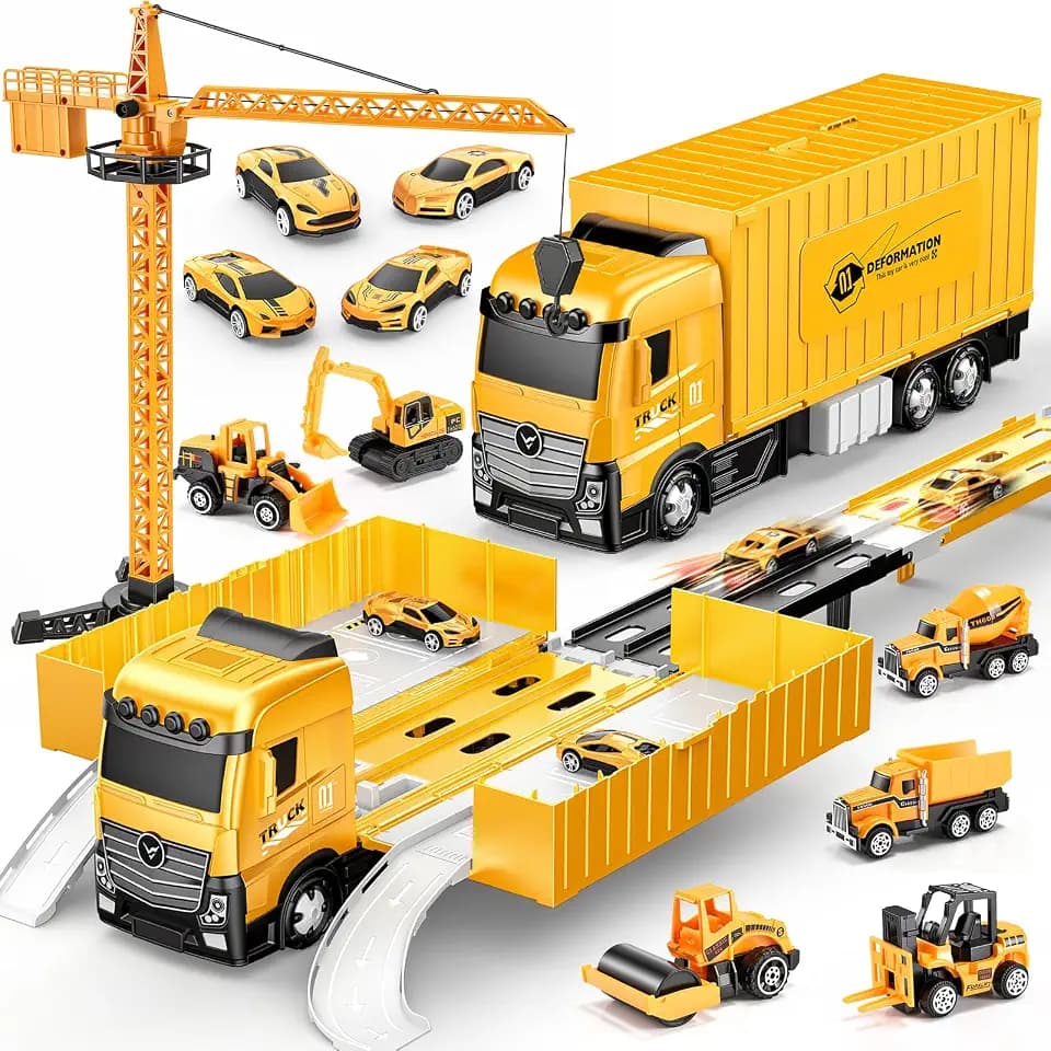 Naxudcoo LKW Spielzeug für Kinder ab 3 Jahre, 156cm Auto Transporter Spielzeug mit Kran, 6 Baufahrzeugen, 4 Spielzeugauto, Baustellenfahrzeuge Kinderspielzeug, Geschenk für Jungen ab 3 4 5 6 Jahre