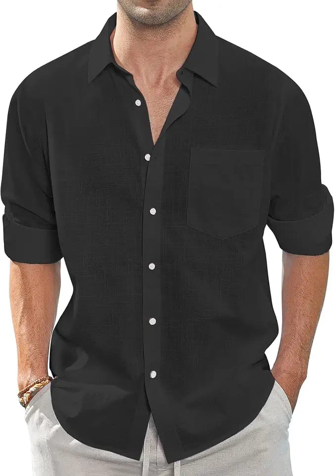 J.VER Leinenhemd Herren Langarm Leichtes Sommerhemd Einfarbig Business Freizeithemd Party Club Reisen Alltägliche Leinen Shirt mit Taschen