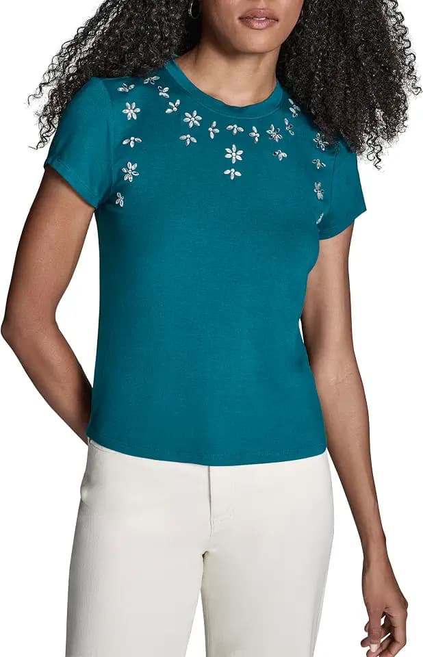 BCBG Women's Short Sleeve Knit Top with Beaded Detail