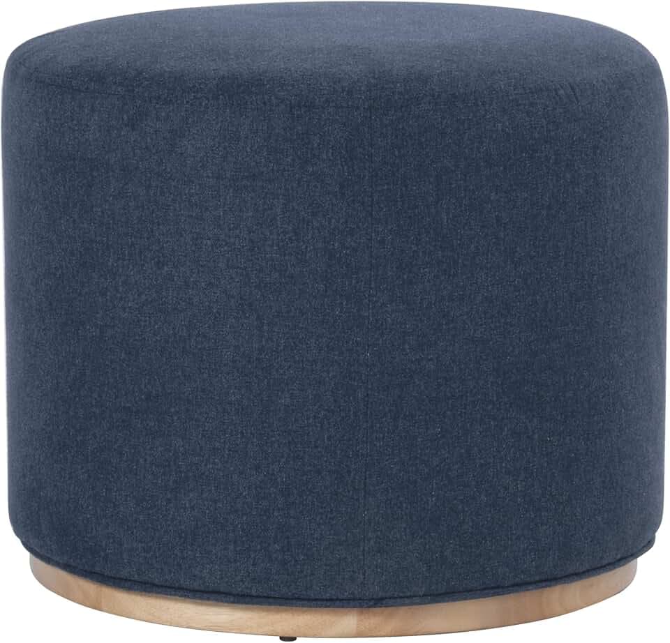 Spatial Order 22" Round Ottoman with Wooden Base - Blue Woven Fabric