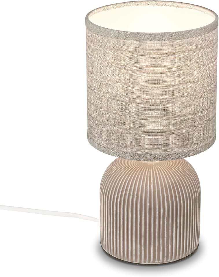 BRILONER - Tischlampe mit Stoffschirm, Kabelschalter, Keramikfuß, Lampe, Nachttischlampe, Tischleuchte, Dekolampe Flur, Bürolampe, Leselampe, Wohnzimmer, Schlafzimmer, 15x28 cm (DxH), Braun