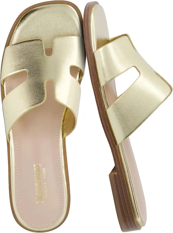 CUSHIONAIRE Voyage Cutout Strap Slides for Women, Slip On Summer Flats, Trendy Footwear, Memory Foam Vegan Leather Comfortable Vacation Style Sandals