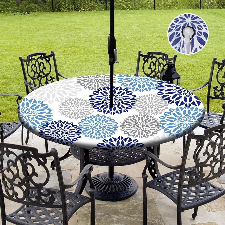 Outdoor Picnic Fitted Tablecloth with a Hole and Zipper,Waterproof Patio Table Covers,Elastic Camping Zippered Tablecloth for Picnic, Camping, Dinner,Fit 36"-44"(White Blue)
