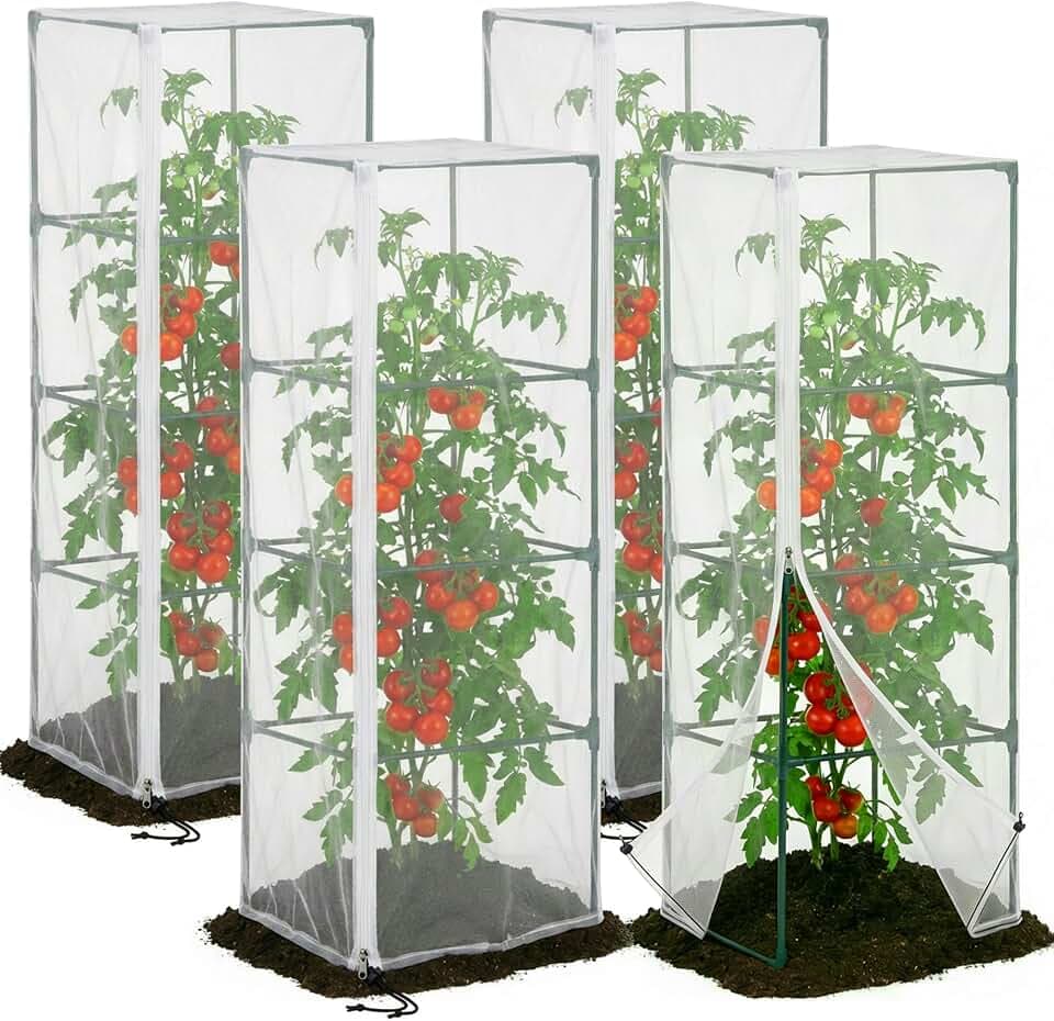 4 Pcs Garden Bird Netting for Square Plant Cage, 59" x 18" x 18" Tomato Cage Garden Net Cover with Zipper, Tomato Trellis Insect Bird Barrier Protection Mesh for Vertical Climbing Plants Vegetables
