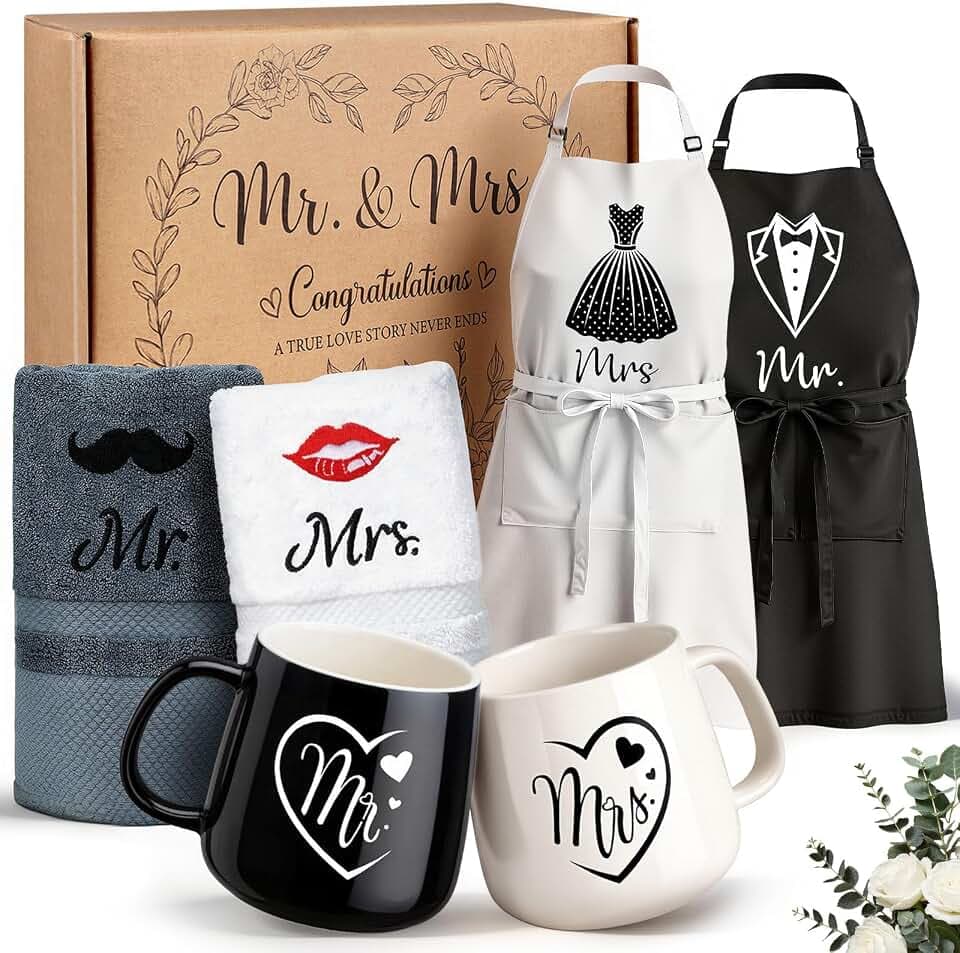 Hochzeitsgeschenke für Brautpaar, 6‑teilig Mr und Mrs Geschenk für Braut und Bräutigam, Tassen, Schürze und Handtuch, Verlobungsgeschenk Paar Geschenke Jahrestag Geschenk für Hochzeit, Verlobungen