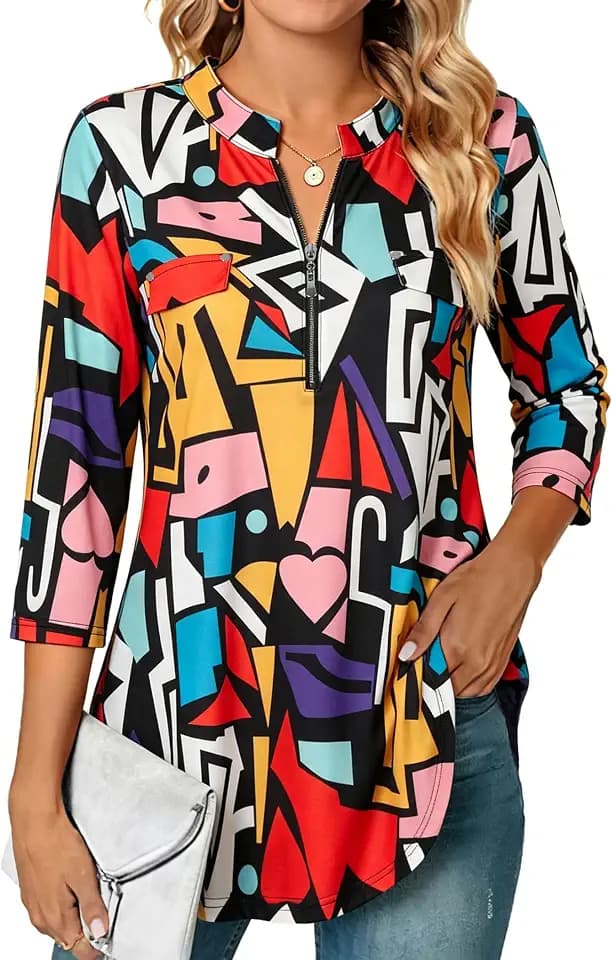 Ninedaily Women's 3/4 Sleeve Plaid Shirt Zip Floral Casual Tunic Blouse Top