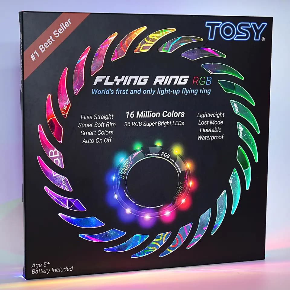 TOSY Flying Ring – 36 RGB-LEDs, superhell, Lost-Mode, Auto-Aufleuchten, sicher & weich, wasserdicht, leichtes Spielzeug für Pool, Strand & Camping