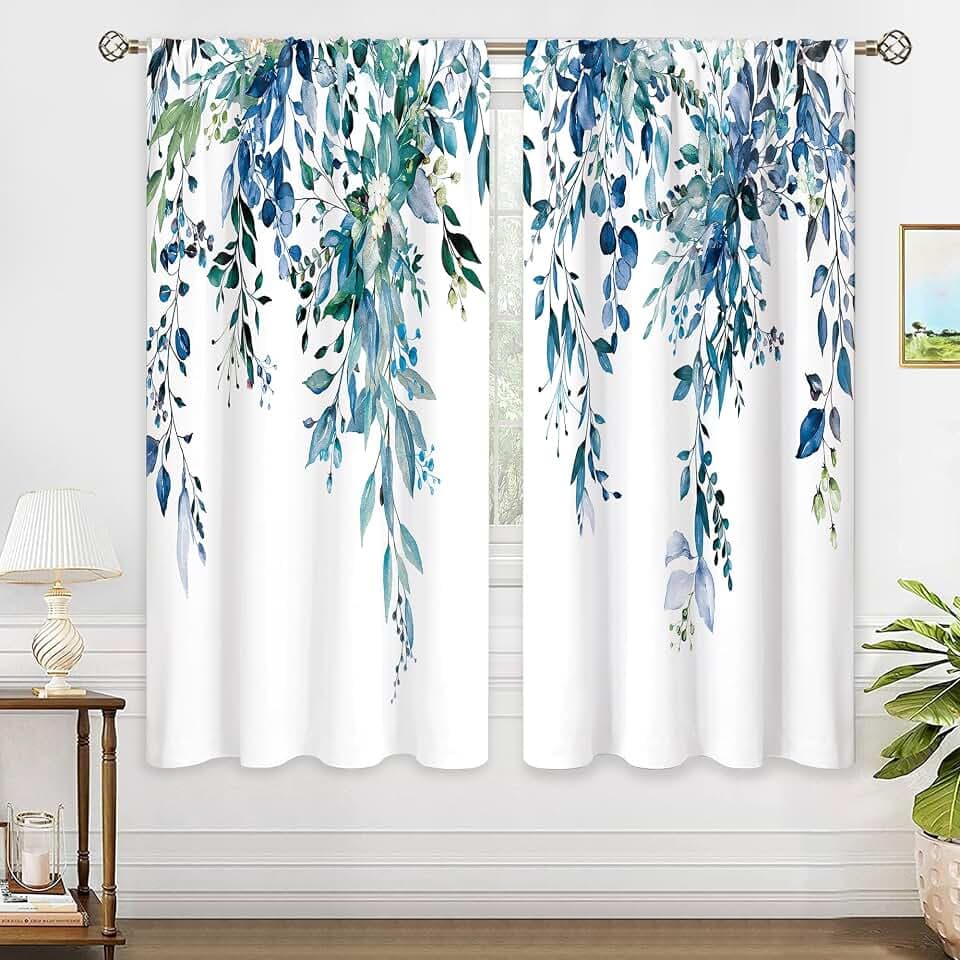Teal Eucalyptus Botanical Leaves Floral Window Curtains Blue Watercolor Turquoise Flower Plant Wildflower Farmhouse Curtain Drapes Herb Curtains for Bedroom Living Room Treatment 42Wx63H Inch