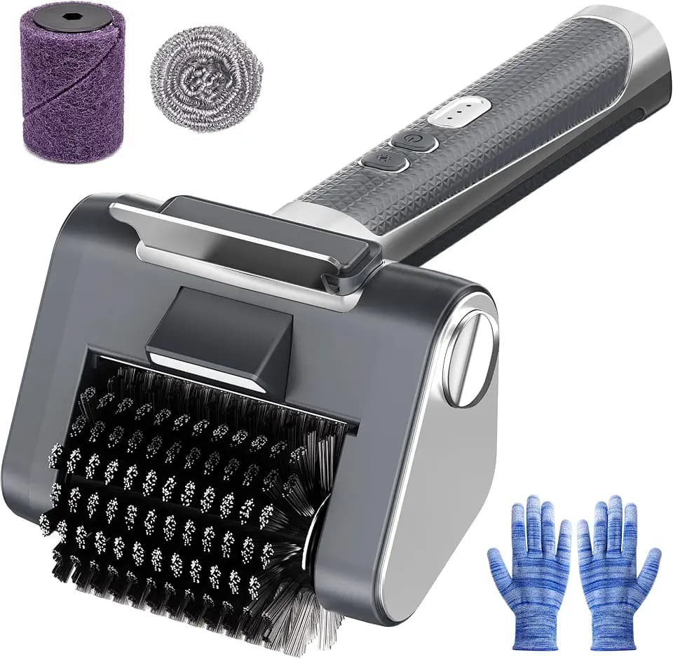 Electric Grill Brush, 4000mAh Rechargeable, 3 Speed Settings, LED Light, Detachable Stainless Steel Head, Support Rollers, Rotating Cleaning Brush – Suitable for Outdoor BBQ Grills, Silver