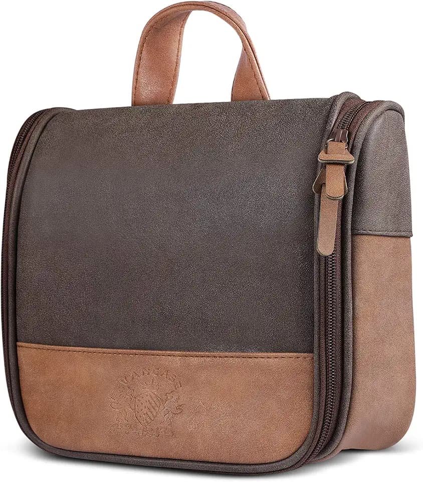 Hanging Toiletry Bag for Men VANCASE Vintage Leather Shaving Dopp Kit Medium Waterproof Travel Bathroom Bags Portable Shower Organizer