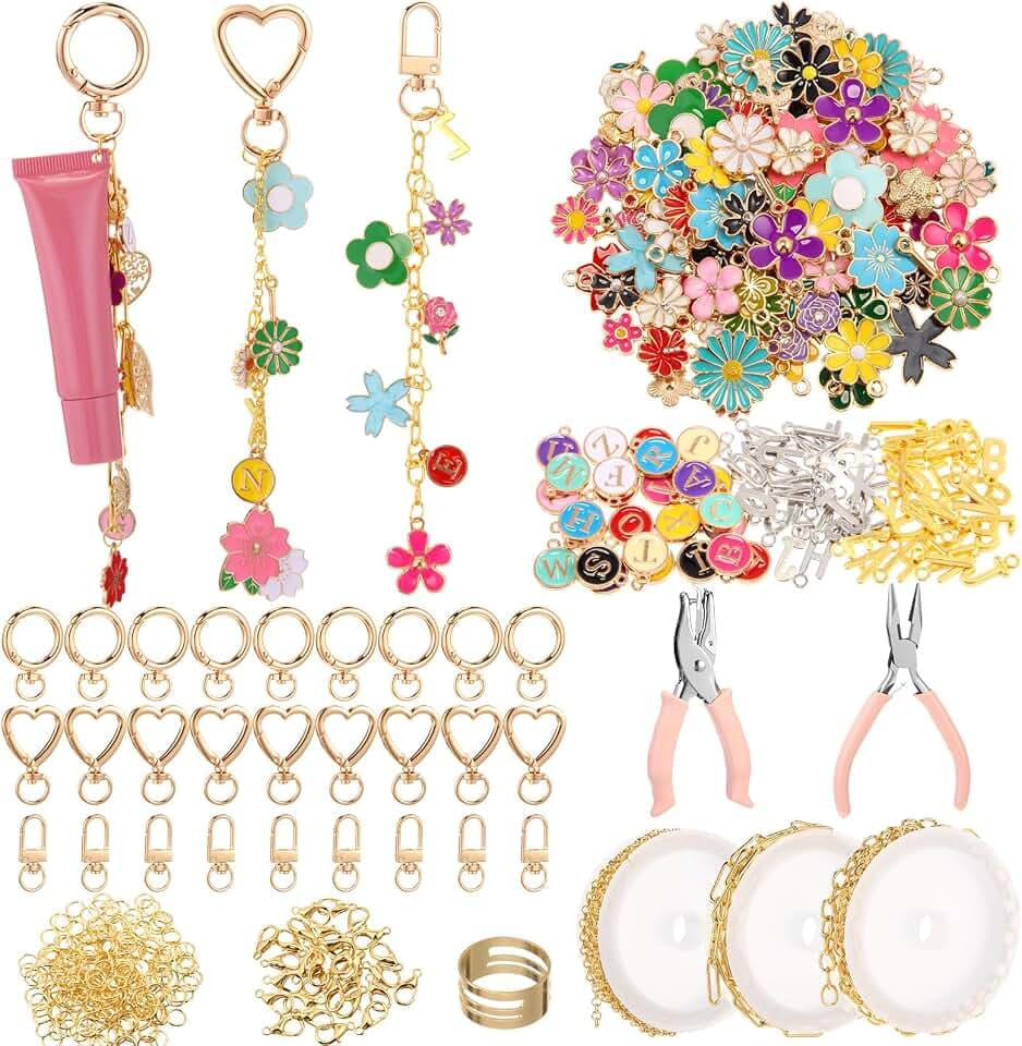 VioraWhite Lip Gloss Charm Kit Keychain Making Kit, 794 Pcs, Flower Style