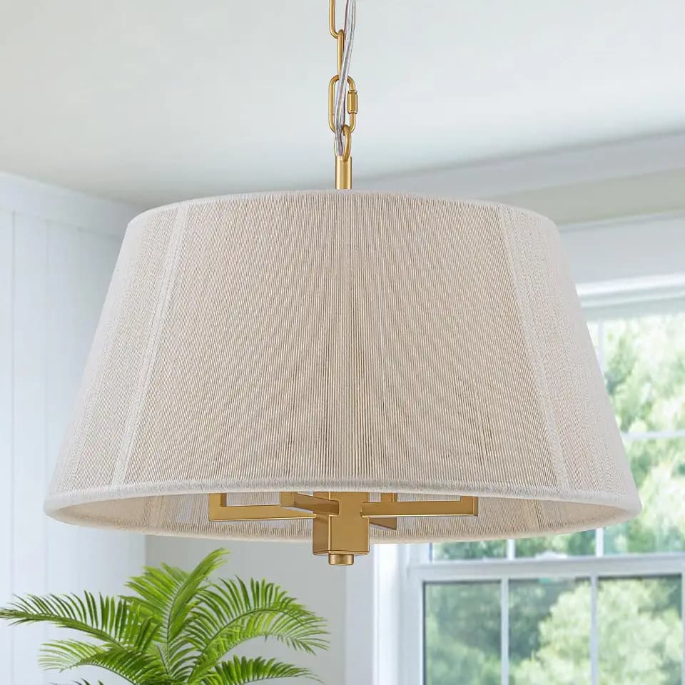 15.75" Gold Drum Pendant Light Dining Room 4-Light Linen Woven Chandelier