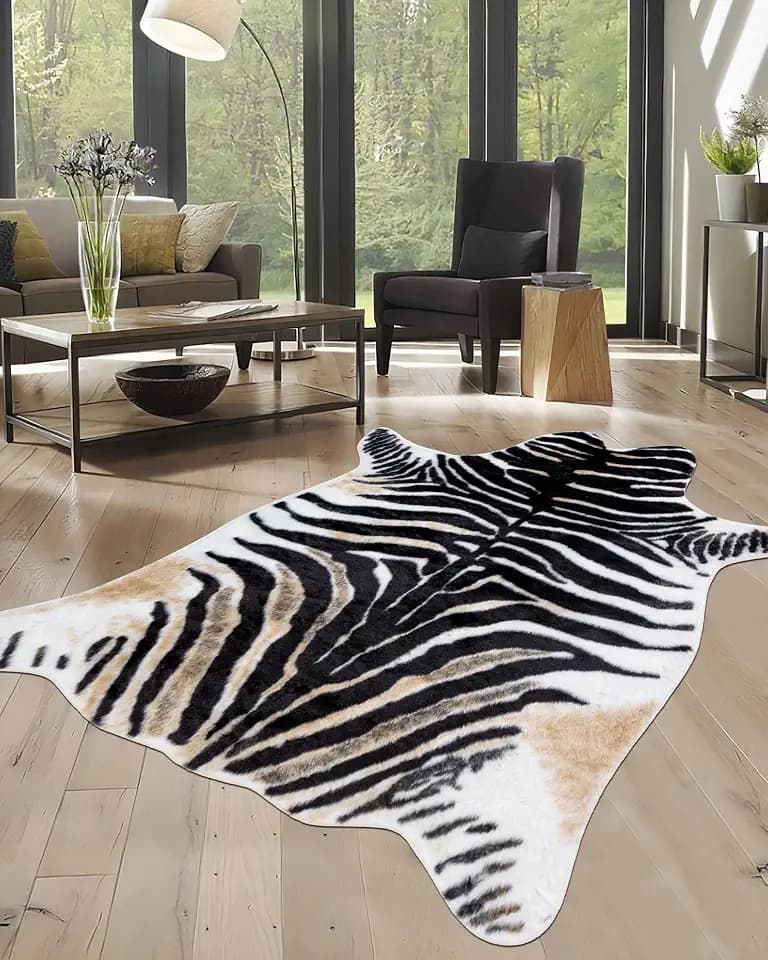 Zebra Print Rug for Living Room, Faux Fur Zebra Hide 5.2x7 Feet Animal Skin Rug for Bedroom Nursery Black and White