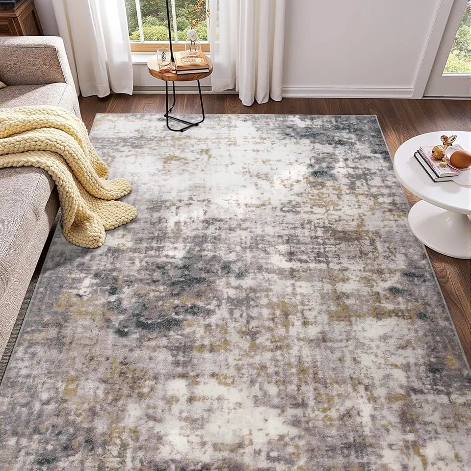 Area Rugs 4x6, Soft Washable Living Room Rugs, Non Slip Abstract Modern Rugs for Bedroom, Low Pile Stain Resistant Foldable Carpet for Dining Room Bedside Entryway Nursery Decor, Grey Gold