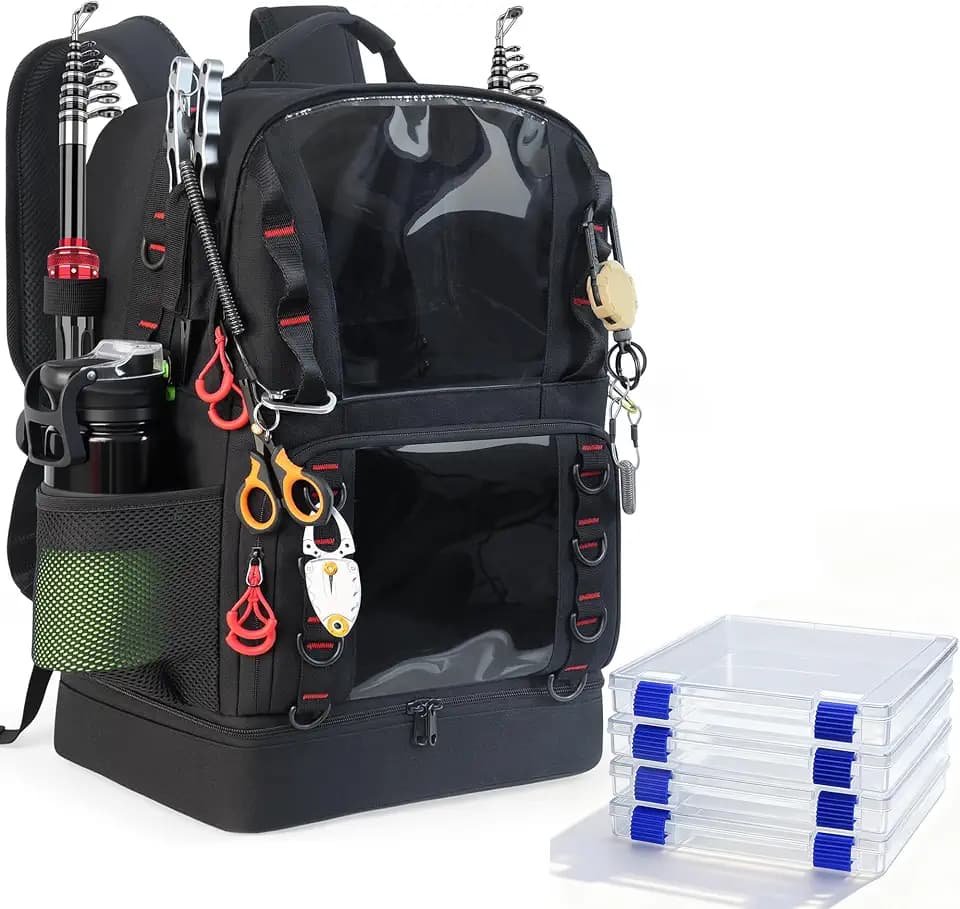 Fishing Tackle Backpack with 4 Tackle Boxes,45L Large Tackle Bag with 2 Rod Holders & Clear Window,Outdoor Fishing Backpack for Fishing,Camping,Hiking,Black