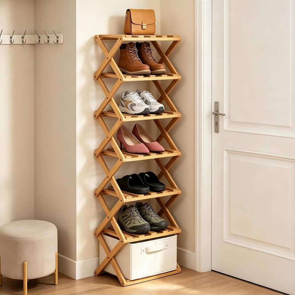Vertikales schmales Schuhregal, 7 Etagen, tragbar, zusammenklappbar, ohne Installation, freistehendes Schuhregal für Korridore, Schlafzimmer, Wohnzimmer, Ecke und kleine Räume (7 Tier)