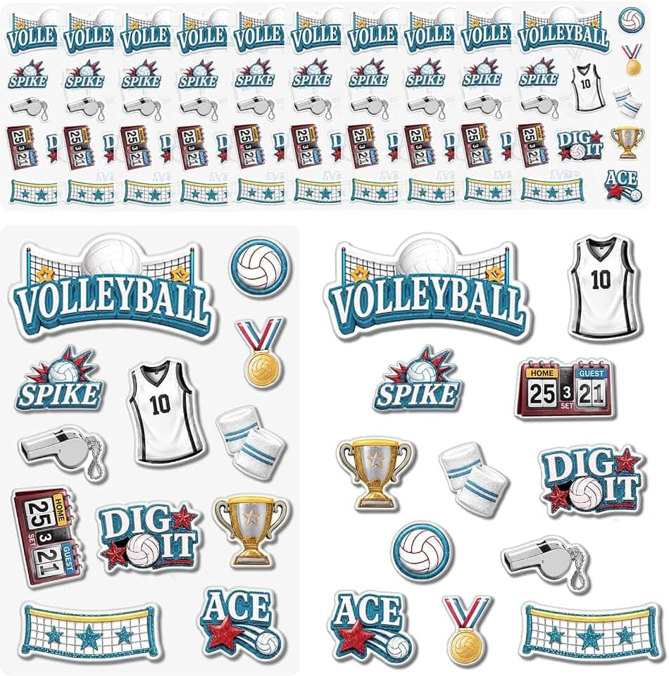 Marspark 12 Sheet 3D Volleyball Stickers for Scrapbooking Puffy Stickers Volleyball Trophies Spike Whistles Self-Adhesive for Journaling Cardmaking Arts Crafts