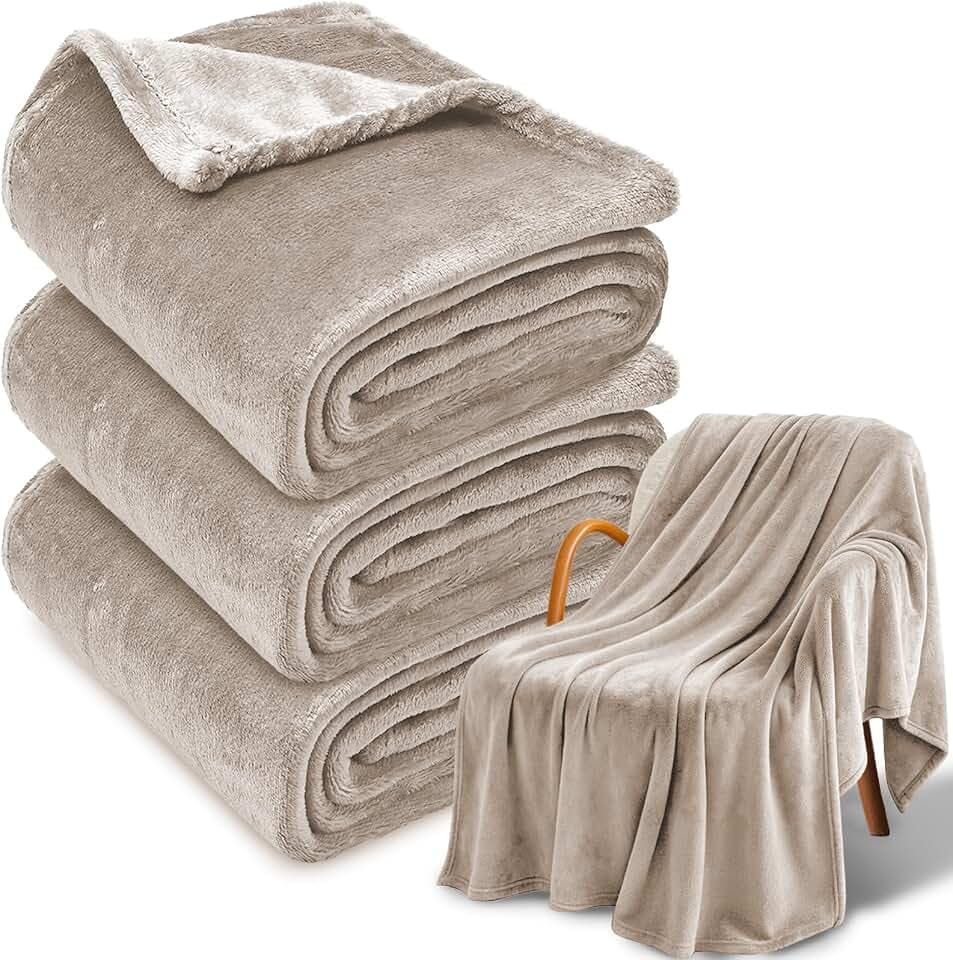 3-Pack Fleece Throw Blankets 50x60, 300GSM Soft Flannel Plush Blanket, Lightweight Warm Couch Sofa Bed Blankets, No Shedding All Season (Camel)