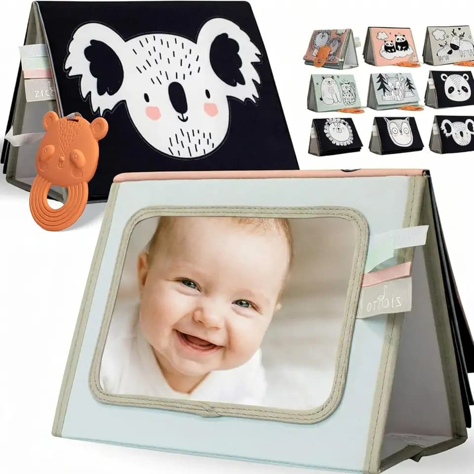 Soft Tummy Time Book w/ Baby Safe Mirror - High Contrast Montessori Toy