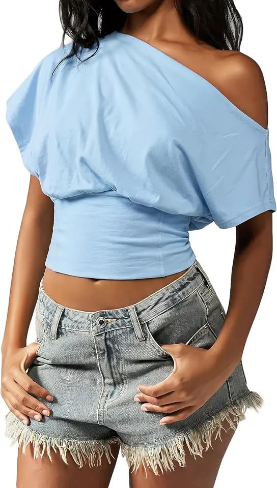 MakeMeChic Women's Crop Off The Shoulder Tops Y2k Asymmetrical Tops