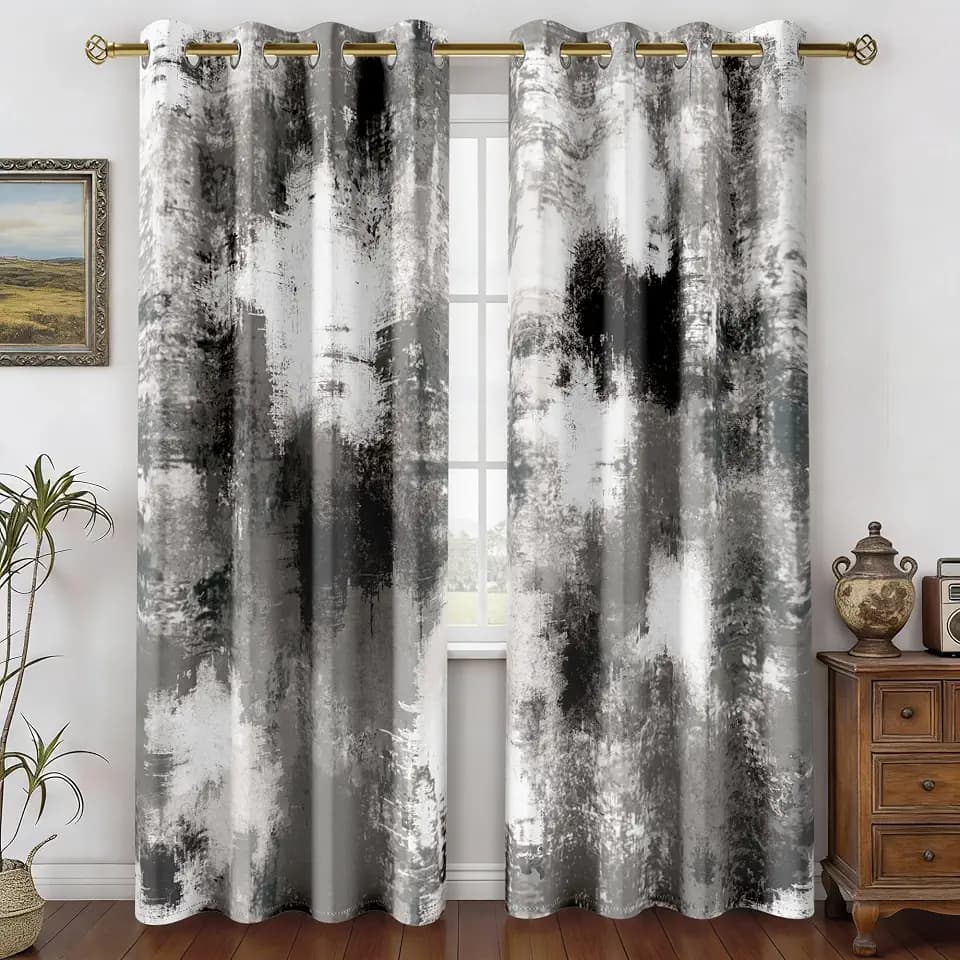 Black Grey Abstract Curtains for Living Room Bedroom, 52W x 84L, 2 Panels