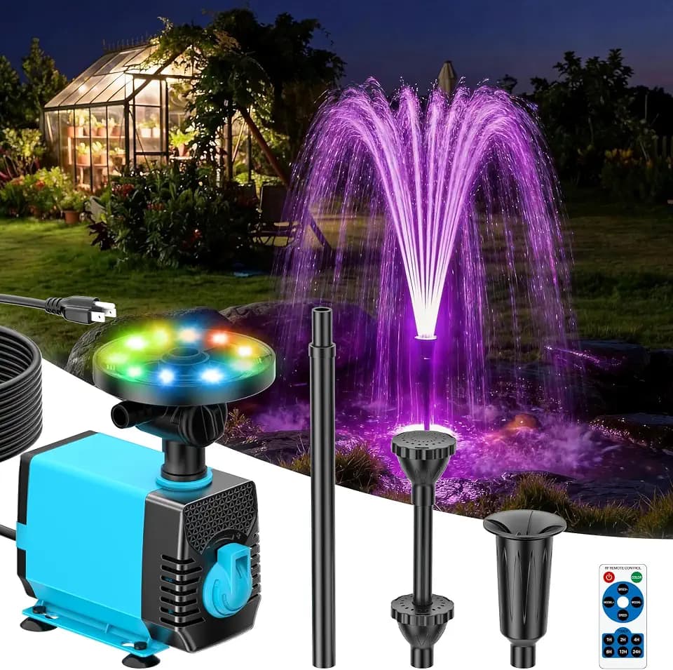 POPOSOAP Pond Fountain Pump Kit with RGB LED Lights & Remote Control, 660GPH Quiet Submersible Water Pump, 3 Spray Nozzles for Backyard Garden, Koi Pond, Fish Tank, Outdoor Water Feature Decor-P1104D