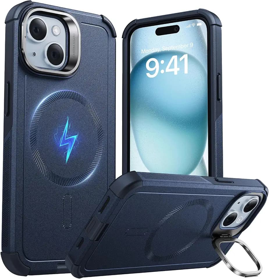 ESR Cyber Tough for iPhone 15 Case with Flex Stand, Dark Blue