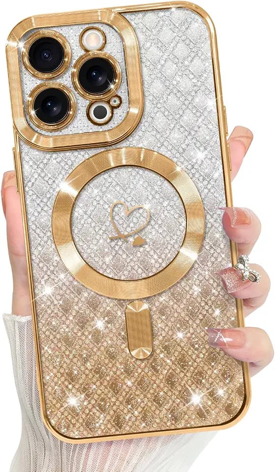 Bonoma Compatible with iPhone 13 Pro Max Case Heart Checkered -Gold