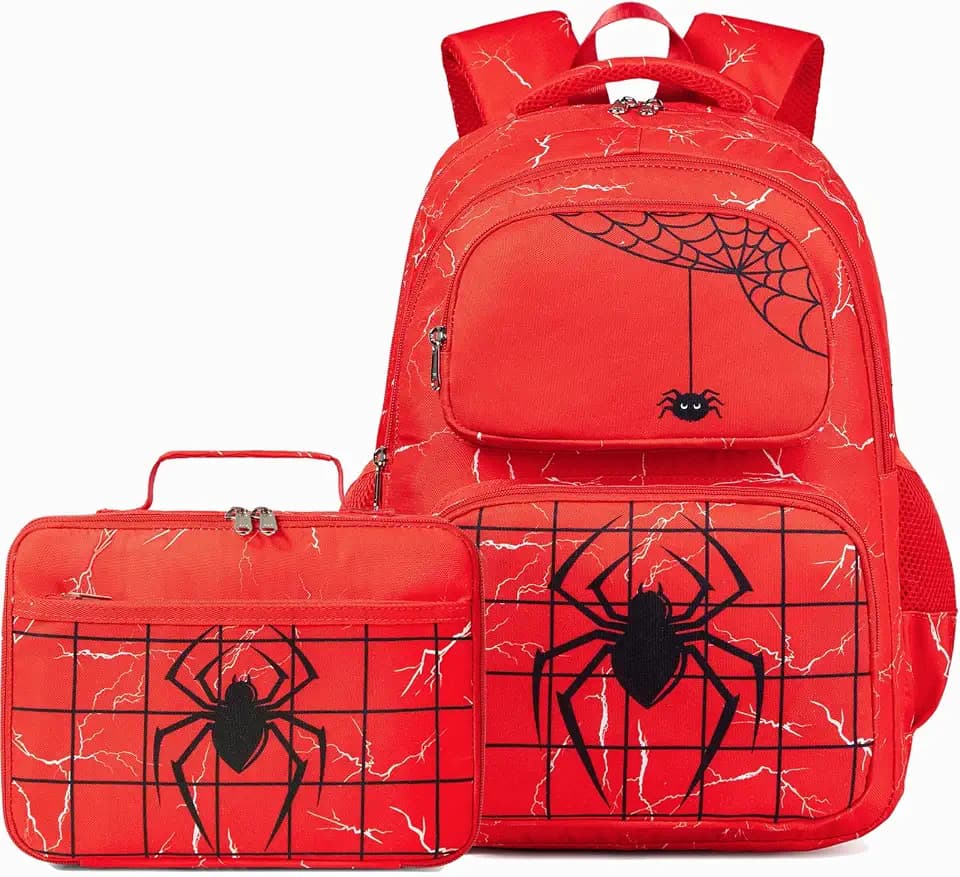Kids Backpack Boys Spider Backpack with Lunch Box Kindergarten Elementary Middle School Toddler Bookbag for Boys Ages 4-14, Spider-Red