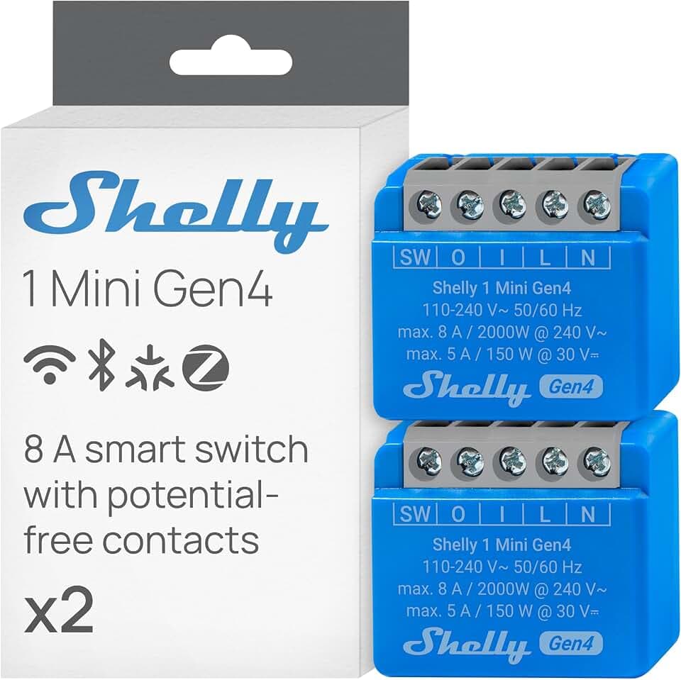 Shelly 1 Mini Gen4 - WLAN & Matter Smart Schalter, 1 Kanal, 8A (2 Stück) | Potentialfreier Kontakt, Zigbee, Lichtschalter, App-, Sprach- & Plattformsteuerung, Zeitschaltuhr, Kein Hub Erforderlich